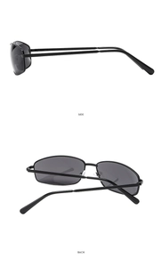 Side and back views of rectangular sunglasses with slim black metal temples and frame