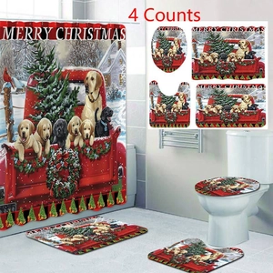Christmas bathroom set detail showing red dog truck curtain and matching floor mats