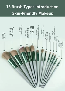 Macro detail of 13-piece green makeup brush set with soft fiber bristles and storage bag