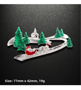 Detail view showing 77mm x 42mm Santa sleigh Christmas brooch with colorful enamel