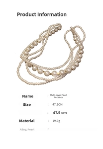 Detail view of multi-layer pearl necklace with alloy accents and dimension specs
