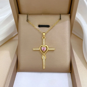 Gold Cross Necklace Women Copper Pendant Pink Heart Cubic Zirconia Stainless Steel Chain