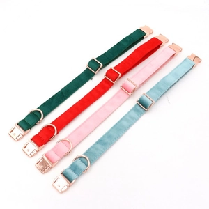 Velvet dog collars with rose gold metal buckles in dark green, red, pink and blue colors