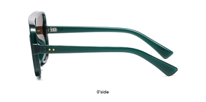 Side view of olive green frame sunglasses with brown lenses and hinge detail