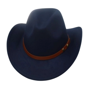 Navy blue western cowboy hat featuring a brown faux leather band with gold studs