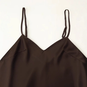 Elegant dark brown satin slip dress with adjustable straps and lace details for women
