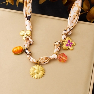 Vintage Stainless Steel Necklace With Leopard Print Satin Fabric Wrap Sunflower Butterfly Flower Pendants Bohemian