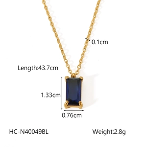 Detailed dimensions of 18K gold stainless steel necklace with blue zircon pendant