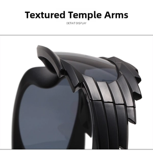 Macro detail of matte black layered blade temples on stylish sports cycling sunglasses