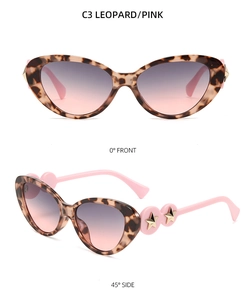 Detailed views of leopard print cat eye sunglasses with pink temples and star accents