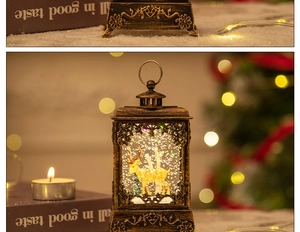 Close-up of vintage bronze Christmas lantern featuring deer and trees with warm glow