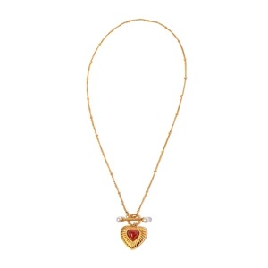 18k gold stainless steel necklace with red agate heart pendant and pearl OT clasp