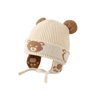 Winter knit earflap hat for kids featuring bear ears and jacquard pattern in beige