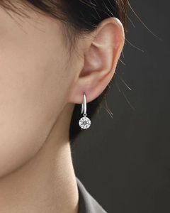 Close-up of elegant 925 silver long drop earrings with moissanite on model