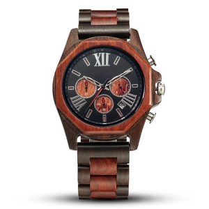 Multifunctional sandalwood quartz watch for men with dual-tone wood band and black dial