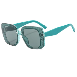 Lunettes de soleil carrées demi-cerclées vert lagon avec paillettes et verres gris