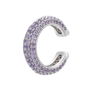 Detailed side view of C-shaped ear cuff with three rows of purple micro-pave zircons