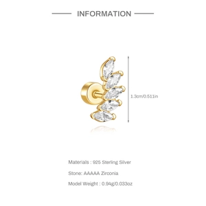 Detail of S925 sterling silver ear stud with marquise cubic zirconia and dimensions