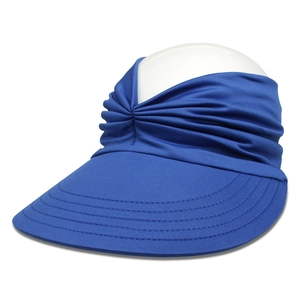 Detailed close-up of blue sun visor with pleated fabric and wide stitched brim