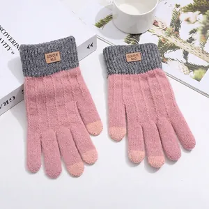 Close-up of pink knit gloves with grey ribbed cuffs and leather label on soft background