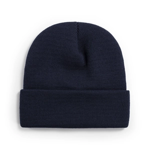 Classic navy blue ribbed knit beanie hat with a cuffed brim for autumn and winter warmth