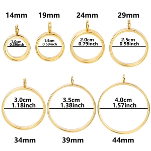 Size comparison chart for golden stainless steel round glass locket pendants in 7 sizes