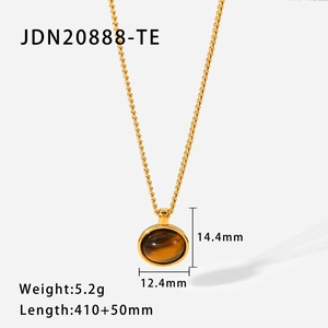 Detailed view of oval tiger eye pendant on gold chain with technical size measurements