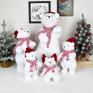 Charming white flocked polar bear set with red scarves for Christmas holiday decor