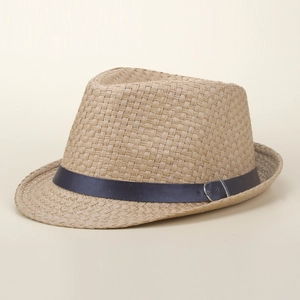Men's summer straw fedora hat in light beige with dark blue leather buckle band