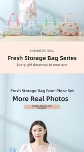 Detail view of a four-piece floral PVC toiletry bag set with handles in pastel colors