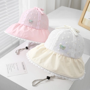 Pink and beige girls sun hats with floral lace embroidery and adjustable chin straps