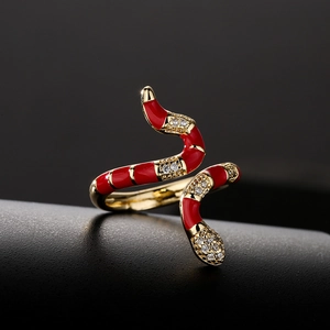 Luxurious 18K gold plated snake ring with red enamel and white zircon accents