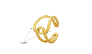 Detail showing the 1.5cm diameter measurement of a minimalist gold double band ring
