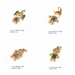 Detailed view of micro-pave zircon cute boy and girl pendants with dimensions and weights