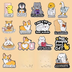 Set of 16 cute cartoon animal enamel pins with humorous quotes on a beige background