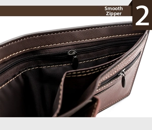 Detailed macro view of deep brown leather wallet with contrast stitching and metal zipper