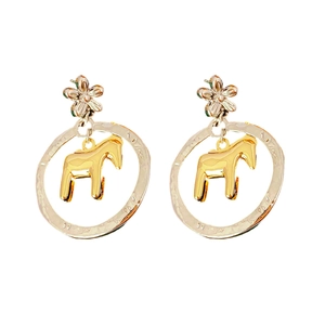 Golden horse charm earrings with textured silver hoop and floral stud in dual-tone metal