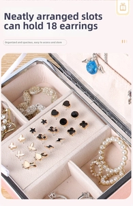 Detail of pink PU leather jewelry box interior with 18 earring slots and ring storage