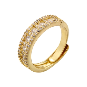 Detailed macro view of 18K gold plated multi-row crystal ring with adjustable open band