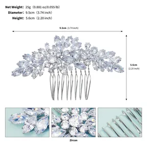 Tableau des tailles montrant 9,5 cm de diamètre et le poids du peigne à cheveux en zircon