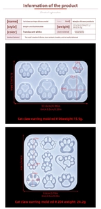 Detail view of cat paw silicone molds for DIY earrings with precise size measurements