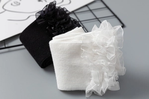 Détail de la bordure en dentelle JK sur chaussettes en coton côtelé noir et blanc