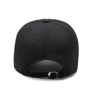 Rear view of black breathable outdoor baseball cap with laser-cut holes and metal buckle
