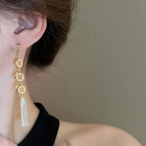 Elegant gold coin and bamboo tassel earrings with traditional oriental aesthetic design