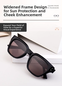 Detail view of black square polarized sunglasses with wide frame and PC material temples