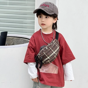 Classic dark brown checkered chest bag for children with adjustable shoulder strap