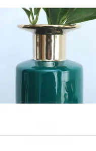 Macro detail of dark green ceramic vase with golden electroplated rim and neck