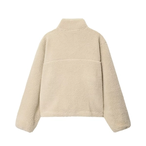 Beige high-neck fleece jacket for women shown from the back view with plush texture