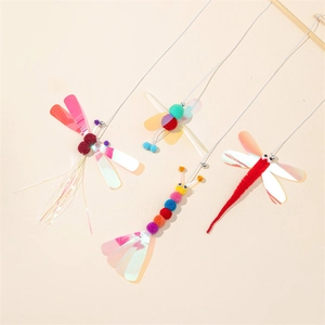 Set of four interactive cat wand dragonfly toy refills with iridescent wings and bells