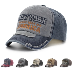 Vintage Washed Cotton Baseball Cap New York Letter Embroidery Distressed Patchwork Curved Brim Adjustable Retro Sun Hat